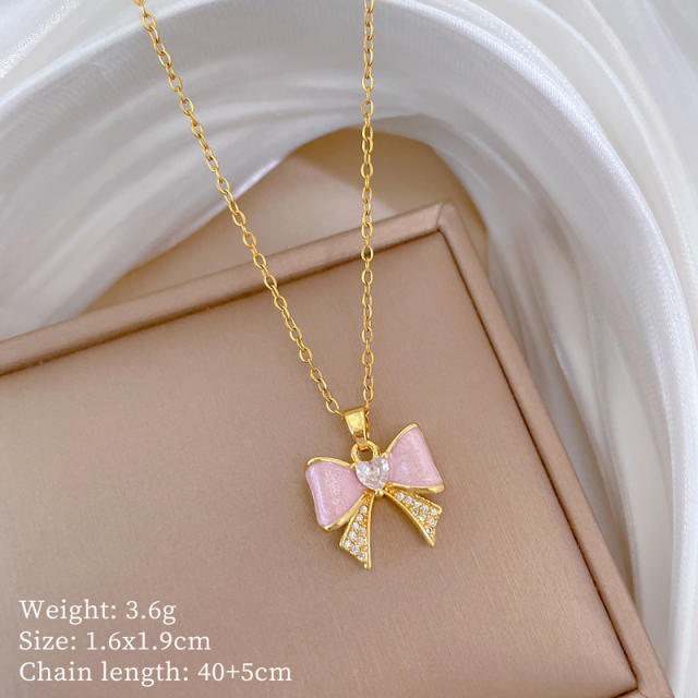 Sweet pink bow pendant stainless steel chain necklace