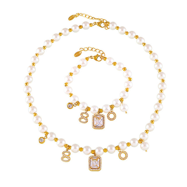 Hot sale block pendant pearl bead stainless steel necklace bracelet set