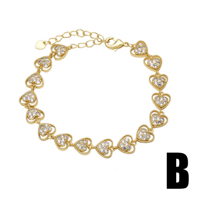 Hot sale diamond clover heart gold plated copper bracelet