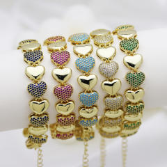Luxury colorful diamond heart gold plated copper women bracelet