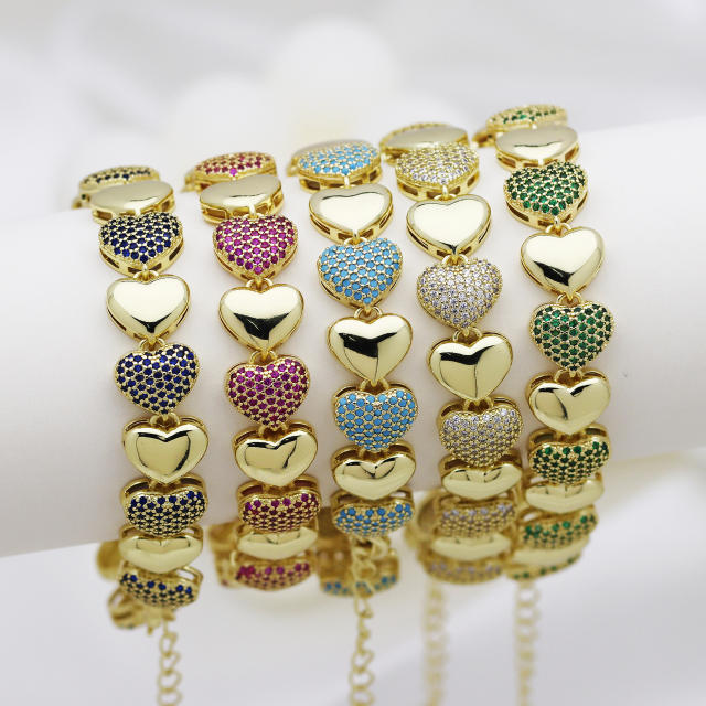 Luxury colorful diamond heart gold plated copper women bracelet