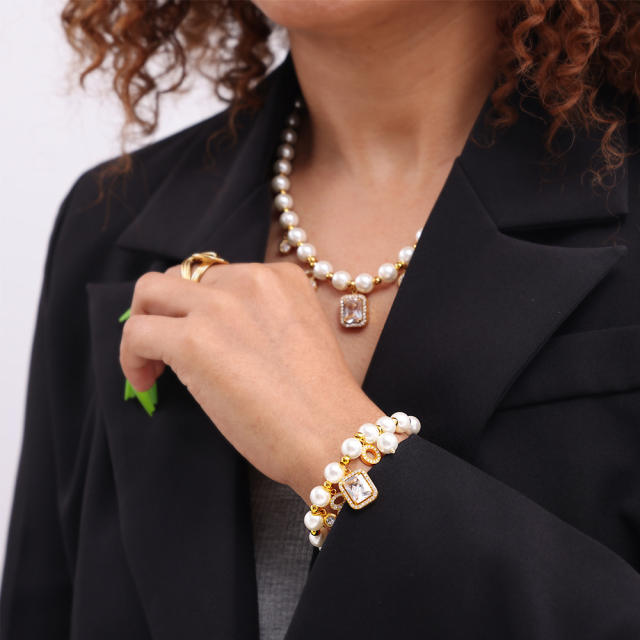 Hot sale block pendant pearl bead stainless steel necklace bracelet set