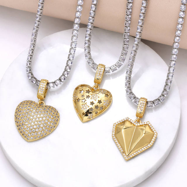 Delicate gold plated copper tennis chain chunky heart pendant necklace