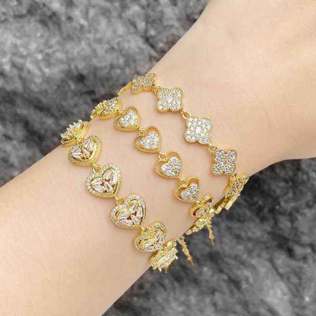 Hot sale diamond clover heart gold plated copper bracelet