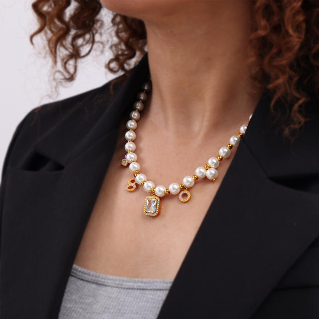 Hot sale block pendant pearl bead stainless steel necklace bracelet set