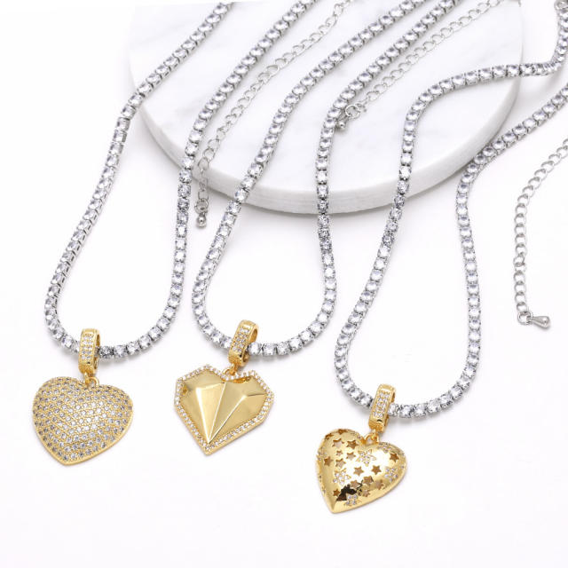 Delicate gold plated copper tennis chain chunky heart pendant necklace