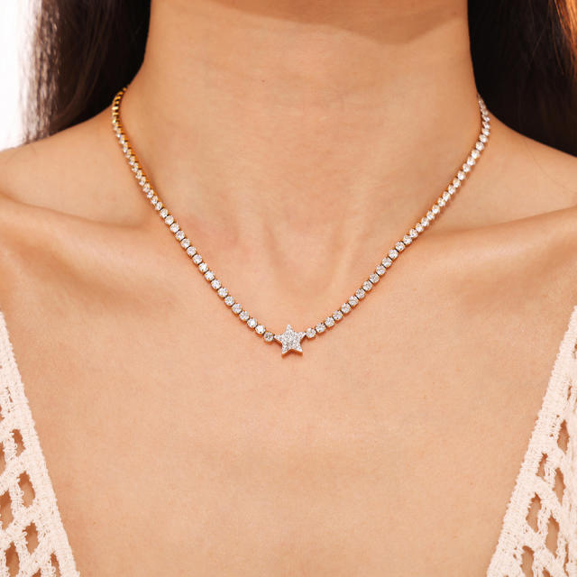 Delicate diamond star tennis chain stainless steel necklace