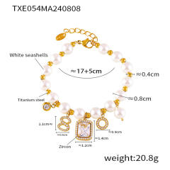 Hot sale block pendant pearl bead stainless steel necklace bracelet set