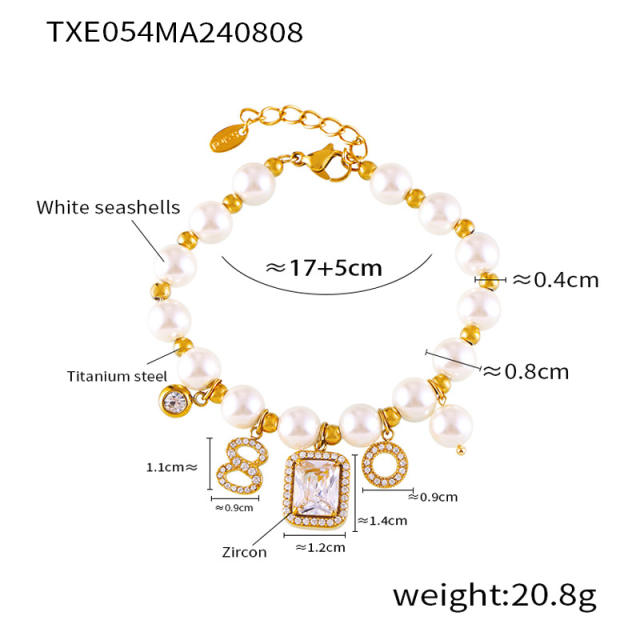 Hot sale block pendant pearl bead stainless steel necklace bracelet set