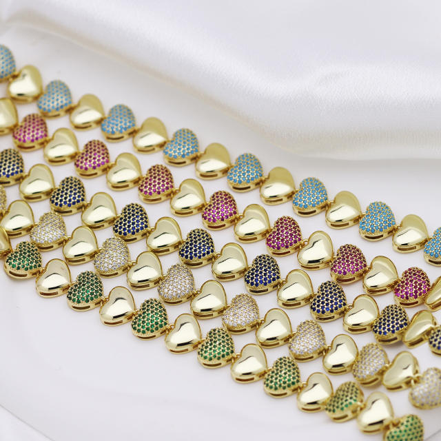 Luxury colorful diamond heart gold plated copper women bracelet