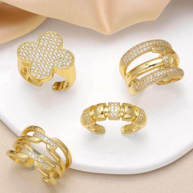 Delicate full diamond clover chunky gold plated copper rings