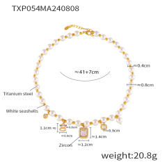 Hot sale block pendant pearl bead stainless steel necklace bracelet set