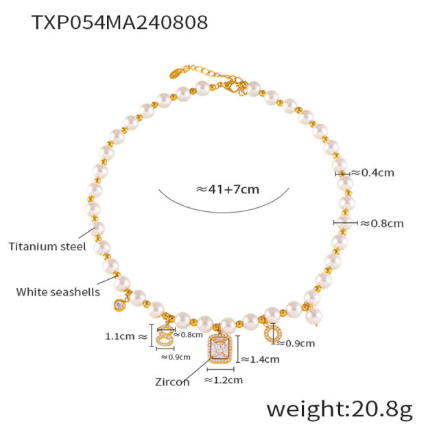 Hot sale block pendant pearl bead stainless steel necklace bracelet set