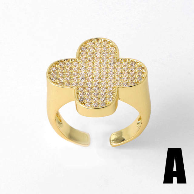 Delicate full diamond clover chunky gold plated copper rings