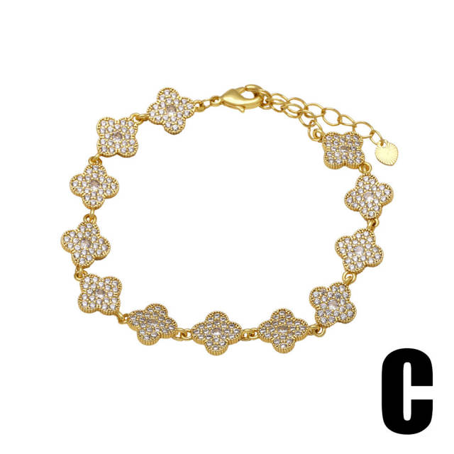 Hot sale diamond clover heart gold plated copper bracelet