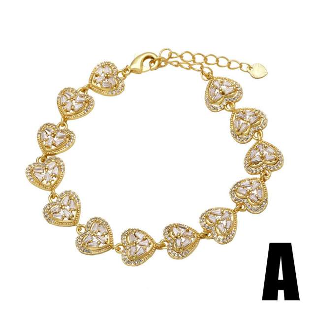 Hot sale diamond clover heart gold plated copper bracelet