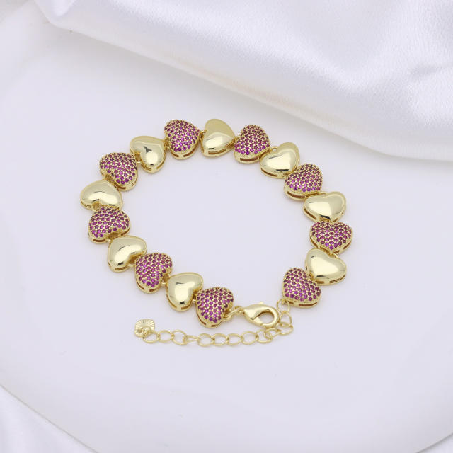 Luxury colorful diamond heart gold plated copper women bracelet