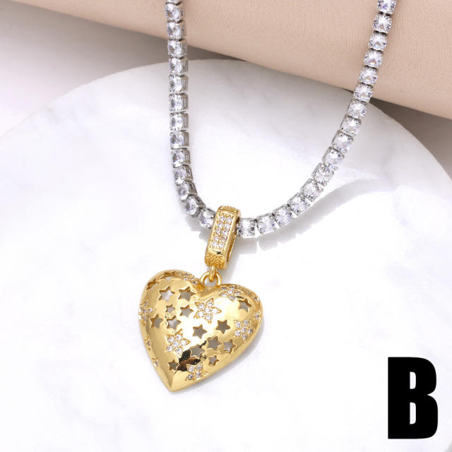 Delicate gold plated copper tennis chain chunky heart pendant necklace