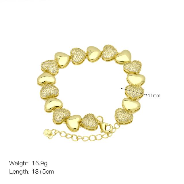 Luxury colorful diamond heart gold plated copper women bracelet