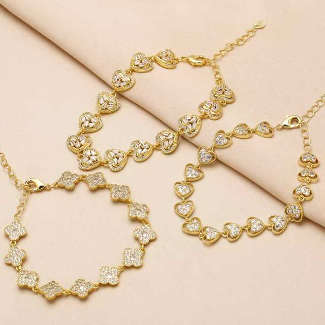 Hot sale diamond clover heart gold plated copper bracelet