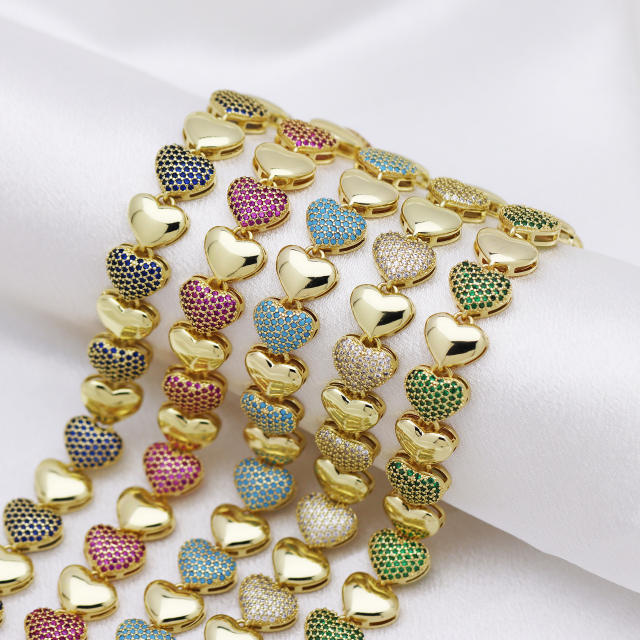 Luxury colorful diamond heart gold plated copper women bracelet