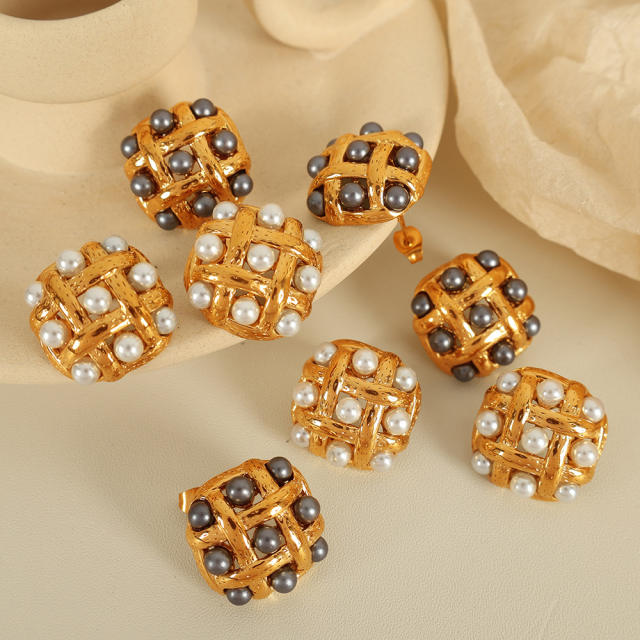 French trend square shape pearl bead stainless steel studs earrings