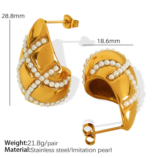 18KG chunky waterdrop pearl bead rhinestone cross pattern stainless steel earrings
