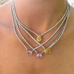 Delicate stainless steel tennis chain sweet color diamond necklace
