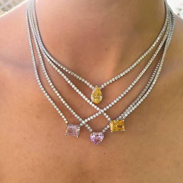 Delicate stainless steel tennis chain sweet color diamond necklace