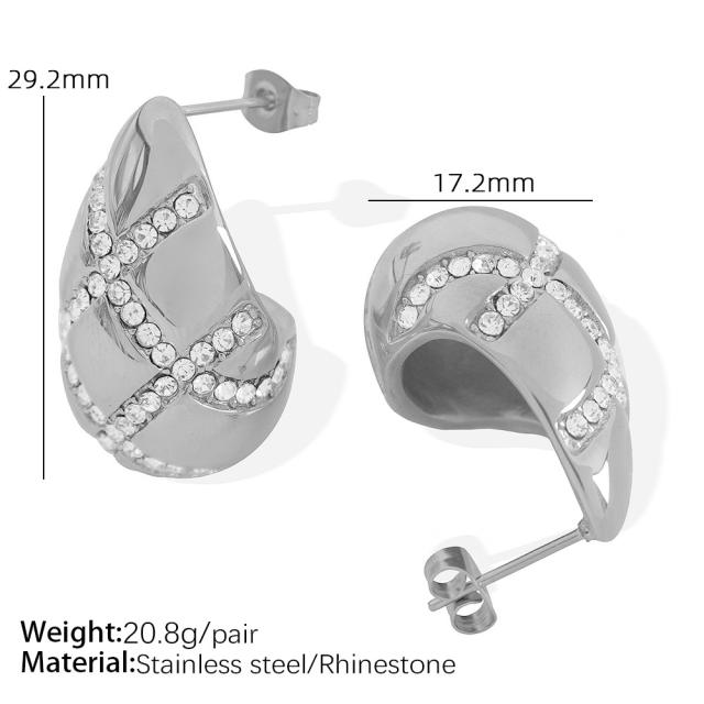 18KG chunky waterdrop pearl bead rhinestone cross pattern stainless steel earrings