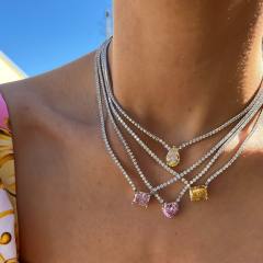 Delicate stainless steel tennis chain sweet color diamond necklace