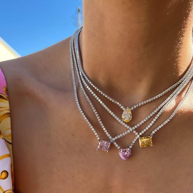 Delicate stainless steel tennis chain sweet color diamond necklace