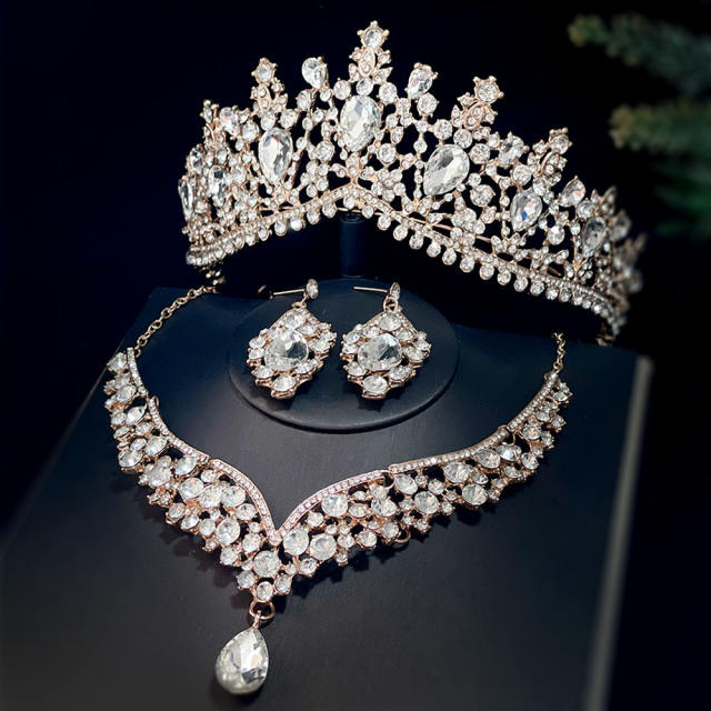 Delicate color rhinestone wedding hair crown necklace set