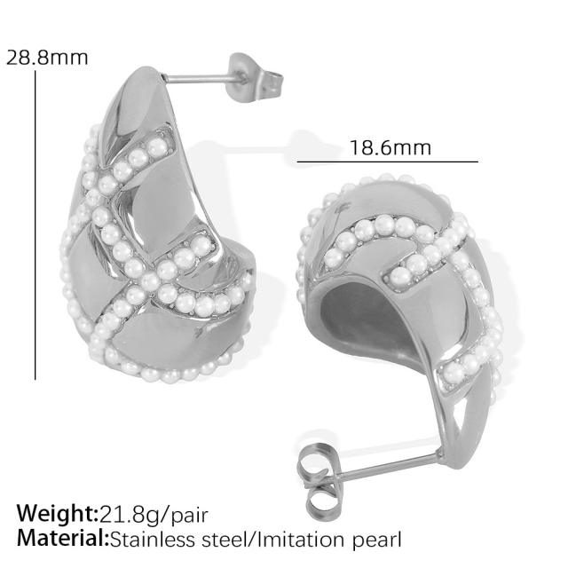 18KG chunky waterdrop pearl bead rhinestone cross pattern stainless steel earrings
