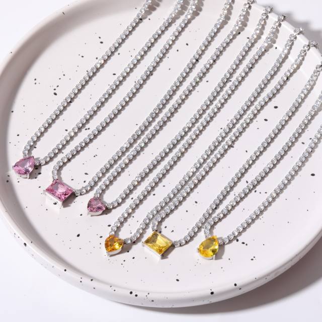 Delicate stainless steel tennis chain sweet color diamond necklace