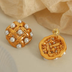 French trend square shape pearl bead stainless steel studs earrings
