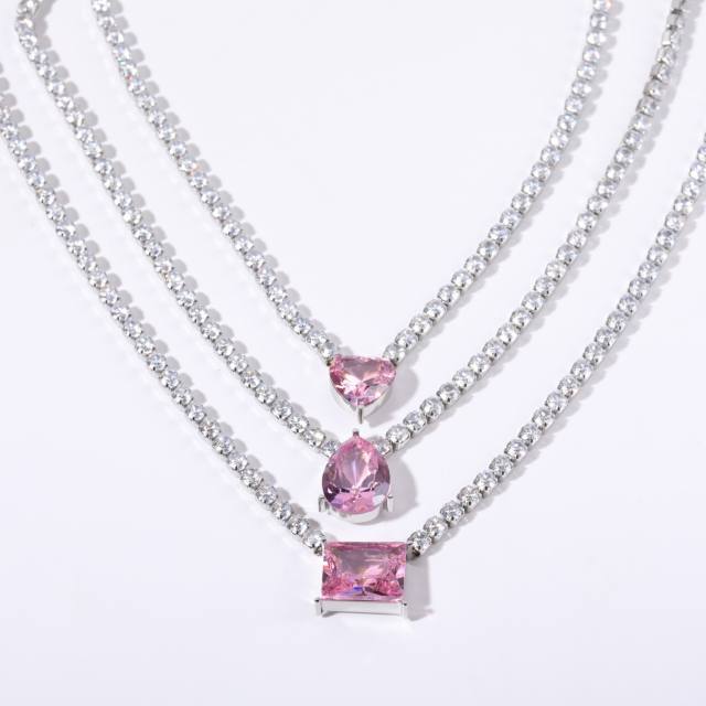 Delicate stainless steel tennis chain sweet color diamond necklace