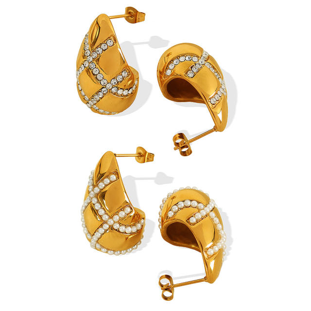 18KG chunky waterdrop pearl bead rhinestone cross pattern stainless steel earrings