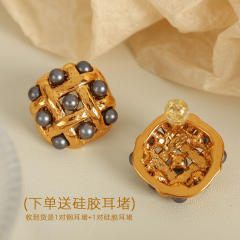 French trend square shape pearl bead stainless steel studs earrings