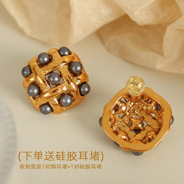French trend square shape pearl bead stainless steel studs earrings