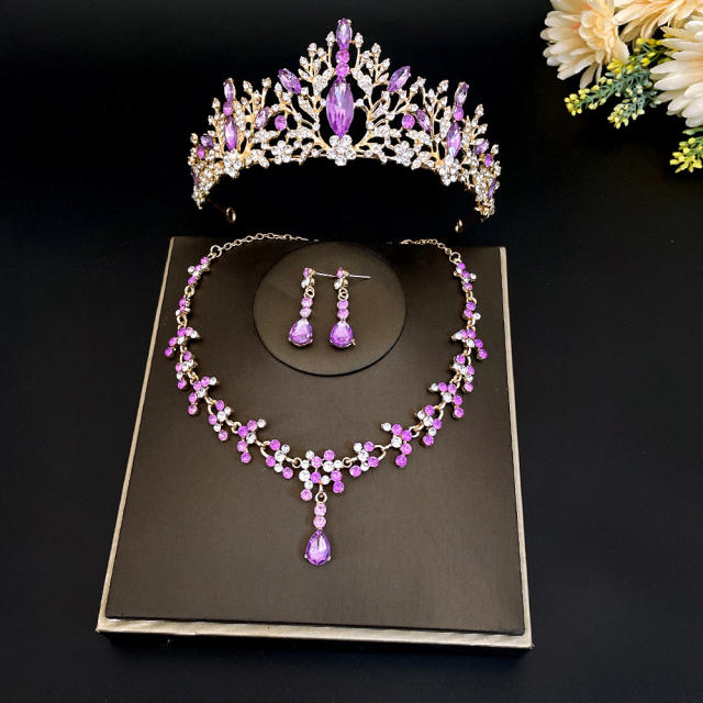 Delicate colorful rhinestone statement crown necklace set