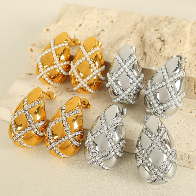 18KG chunky waterdrop pearl bead rhinestone cross pattern stainless steel earrings
