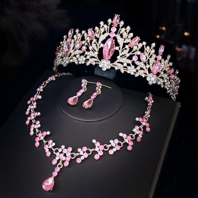 Delicate colorful rhinestone statement crown necklace set