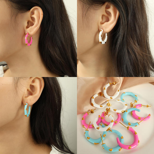 Sweet color enamel open hoop stainless steel earrings