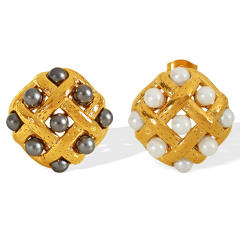French trend square shape pearl bead stainless steel studs earrings