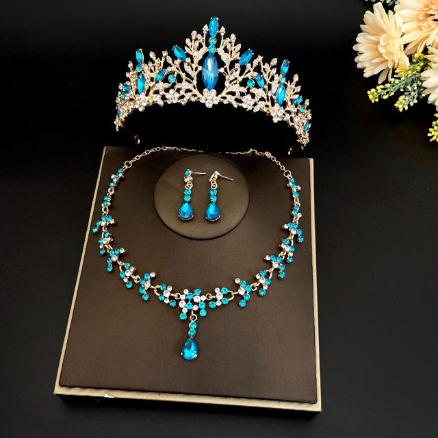 Delicate colorful rhinestone statement crown necklace set