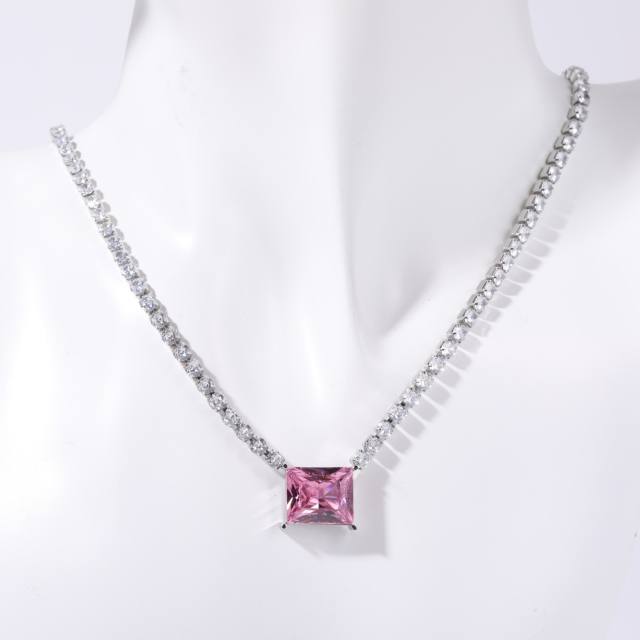 Delicate stainless steel tennis chain sweet color diamond necklace