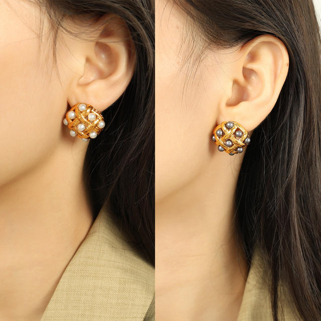 French trend square shape pearl bead stainless steel studs earrings