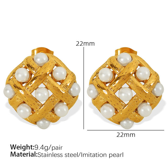 French trend square shape pearl bead stainless steel studs earrings
