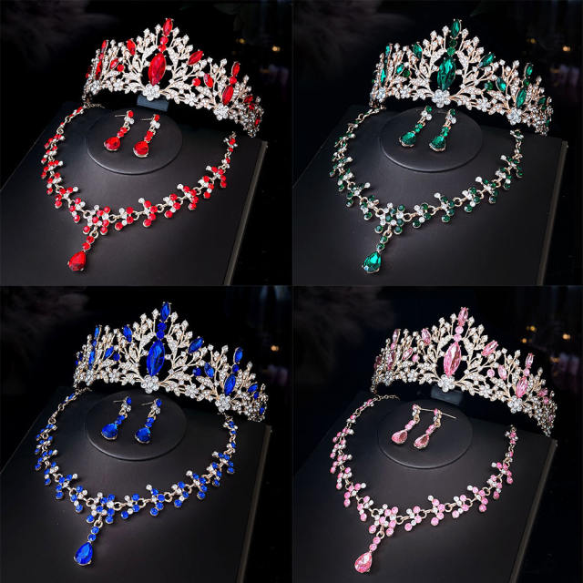 Delicate colorful rhinestone statement crown necklace set